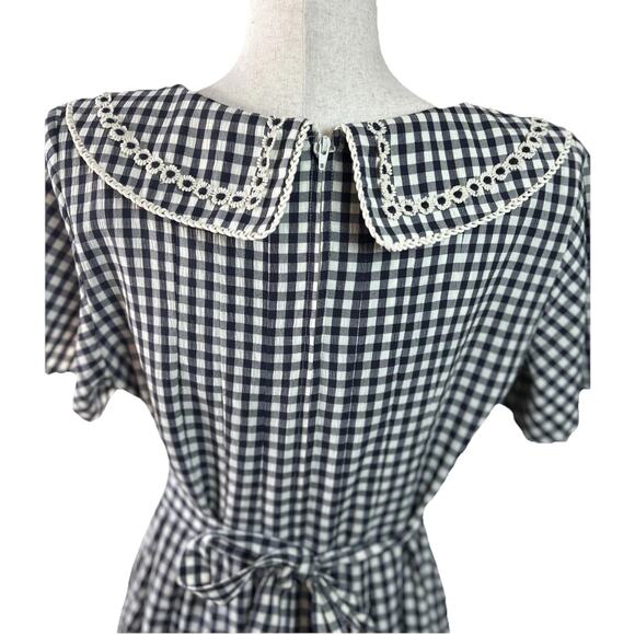 Vtg 80s Black White Gingham Prairie Dress Peter Pan Collar 10/12 Petite Modest - Picture 8 of 10